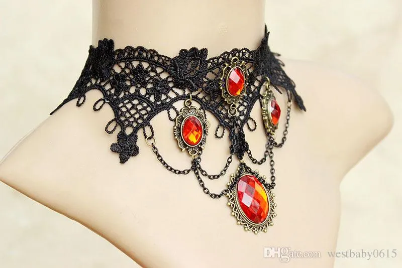 jewelry necklaces pendants chokers lace vintage luxury red stone Gothic wedding bridal bride accessories collar jewelry