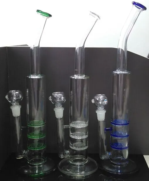 2015 Ny design 16 tums glas vattenrör glas bong med 3 honungskaka perc 18.8mm glasskål klart grön blå för att välja glas bongs