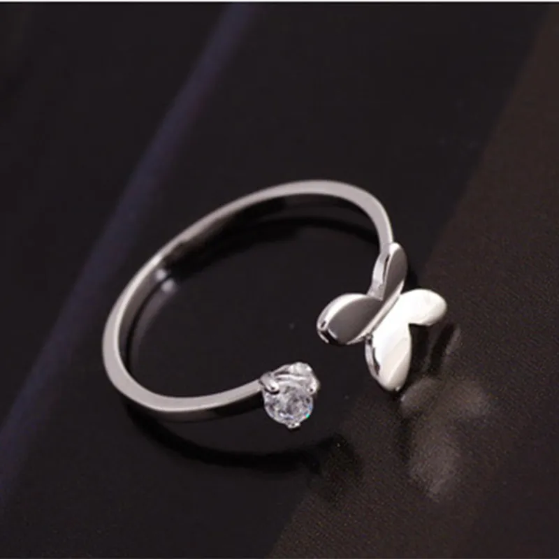 Gratis frakt ring kristall fjäril singel ring öppen design ny tjej kvinna gåva sterling silver smycken