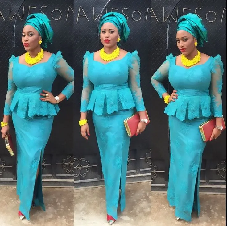 Blue Light Aso ebi Mermaid Evening Sheer Nigerian Lace Port Dress Dress Half Sleeves Side Pilit Sexy Secortal Dontips Free