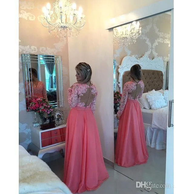 Water Melon Long Sleeve Lace Prom Dresses with Pearls vestidos de fiesta V-Neck Party Gowns Evening Dress robe de soiree