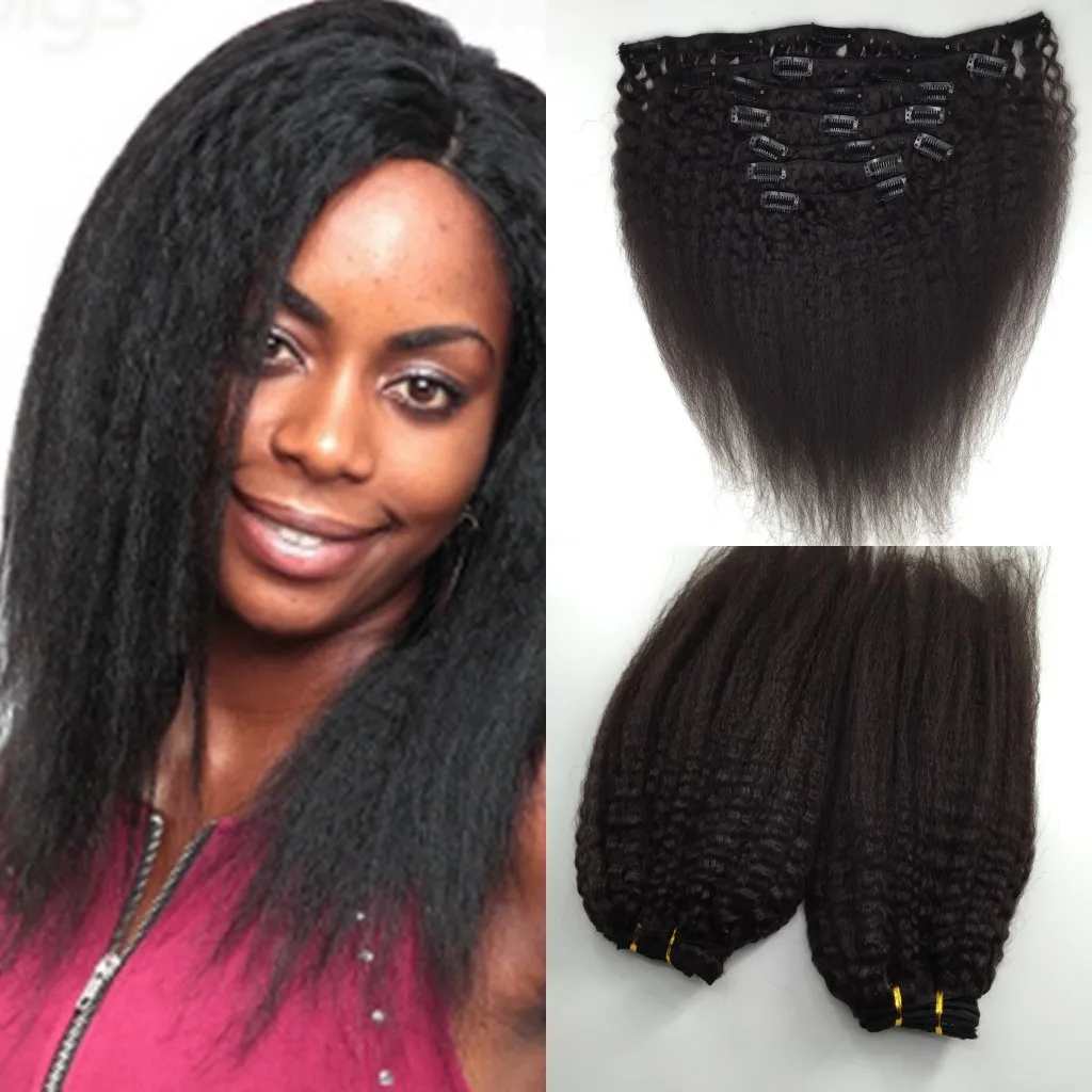 Chaud! Clip indien vierge Remy dans les Extensions de cheveux 7 pièces 120 g/ensemble pleine tête crépus pince droite dans les Extensions de cheveux tisser des cheveux humains