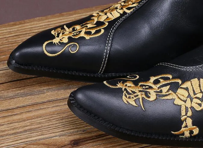 2016 Nieuwe Mode Lederen Dragon Geborduurde Enkellaarzen Mans Puntige Teen Formele Jurk Schoenen Voor Mannen Plus Size 38-46