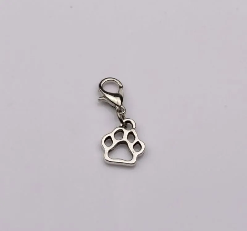 Hollow Dog Paw Floating Lobster Clasps Charm Pendants Jewelry Making DIY Handmade Craft 11x27mm Antique Silver