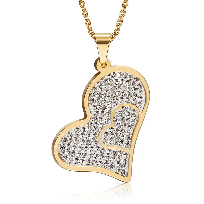 Hotsale Brand New Women's Romantic Style Jewelry Set Stainless Steel Gold Love Heart exquisite zircon crystal Necklace Pendant & Earring