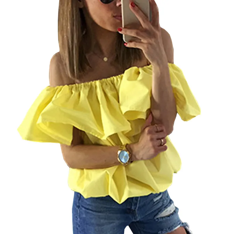 Mulher Camisa Chiffon Blusa 2017 Verão Estilo Plissado Fora Do Ombro Top Mulher Doce Cor Borboleta Manga Branca Camisa Casual Solto