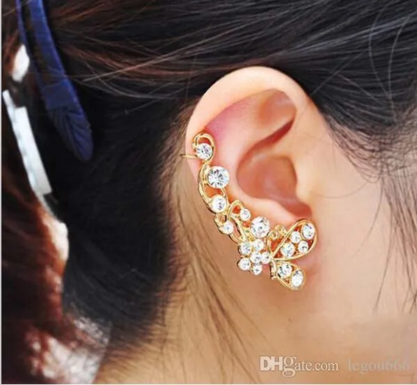 Retro Crystal Butterfly Flower Ear Cuff Stud Earring Wrap Clip på Clip Clamp Ny