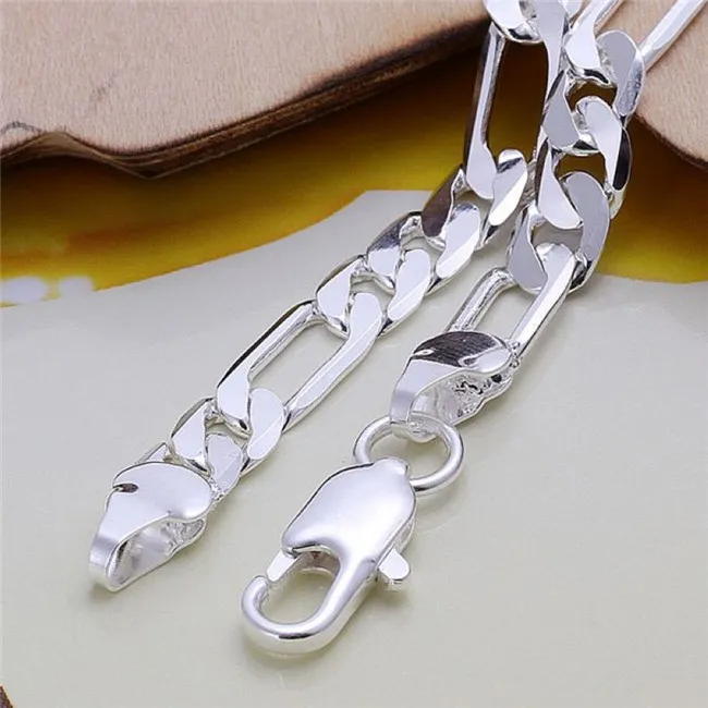 6MM Figaro chain bracelet plated 925 sterling silver men Fashion Jewelry Length 20CM Top quality 