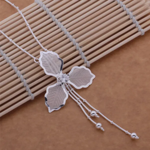 with tracking number Best Most Hot sell Women's Delicate Gift Jewelry 925 Silver 3 leaf flower tassels Necklace