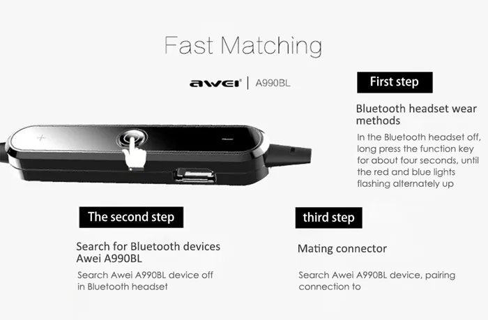 AWEI A990BL Sport Smart Bluetooth Trådlöst hörlurar Halsband med MIC Control Hörlurar för iPhone 5 6 6S Samsung Galaxy S6 S4 Note4 HTC
