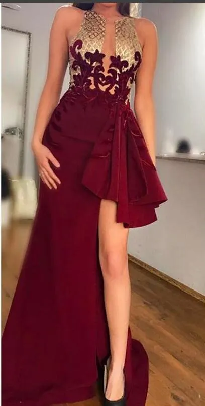 Robe de soirée en Satin doré, sans manches, avec des Appliques à volants, fentes hautes sur les cuisses, traîne de balayage, robe de soirée Sexy