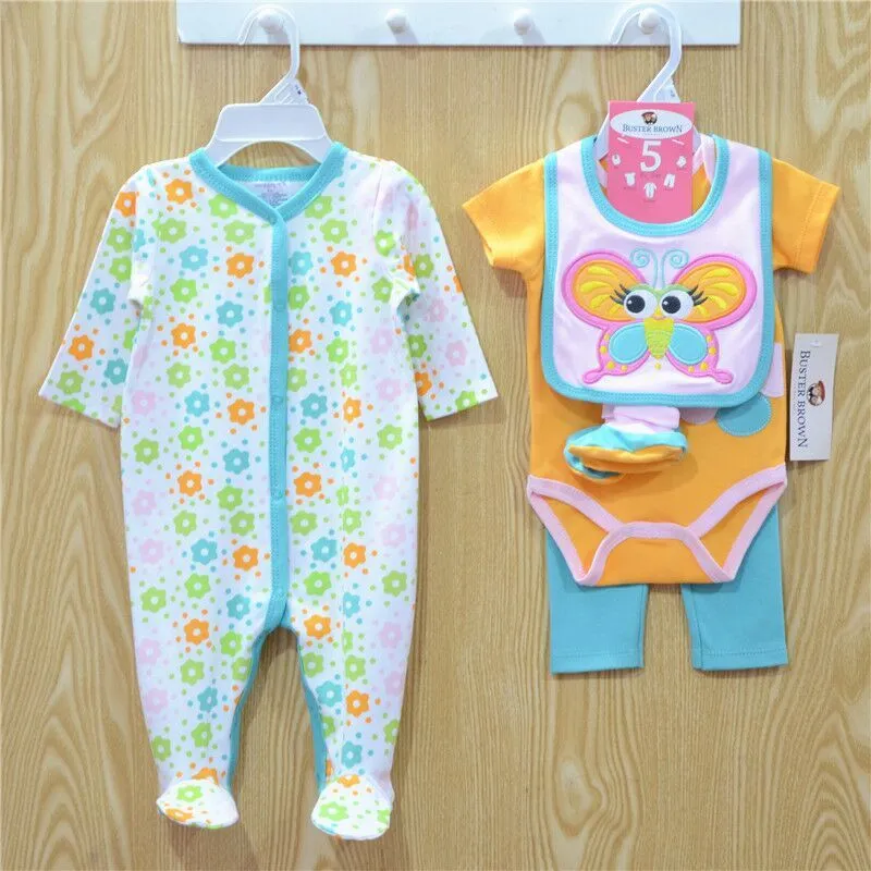 2016 Infants Baby cotton Bodysuits Rompers Boys Girls Bodysuits+pant+Hat+socks=bibs Set Cotton Babys Clothing #3867