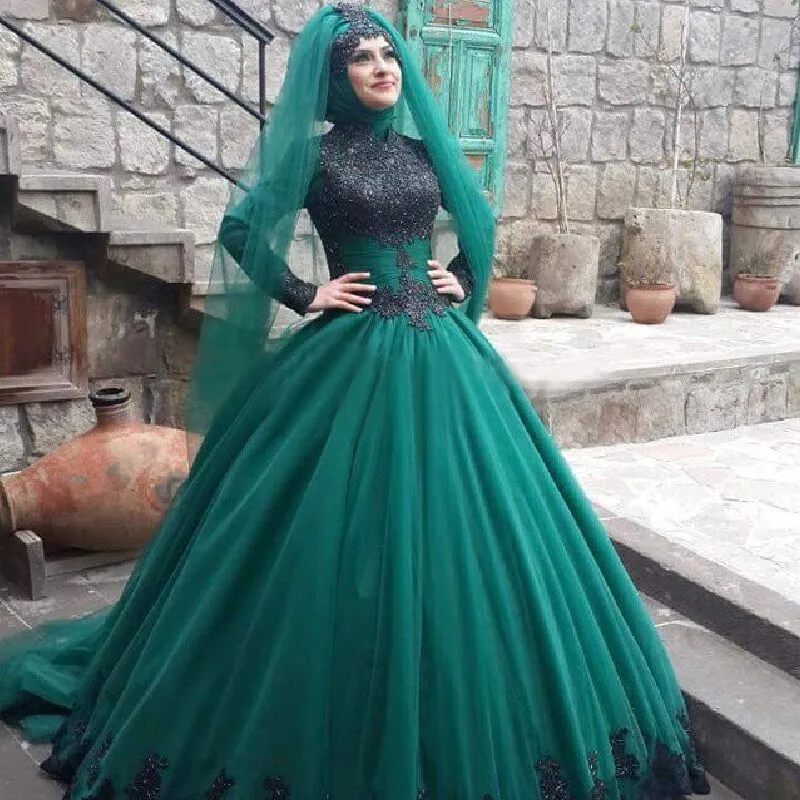 Elegant Turquoise Abrabia Muslim Evening Dress High Neck Ball Gown Long Sleeve Prom Dresses Applique Lace Hijab Dubai Dresses Party Evening