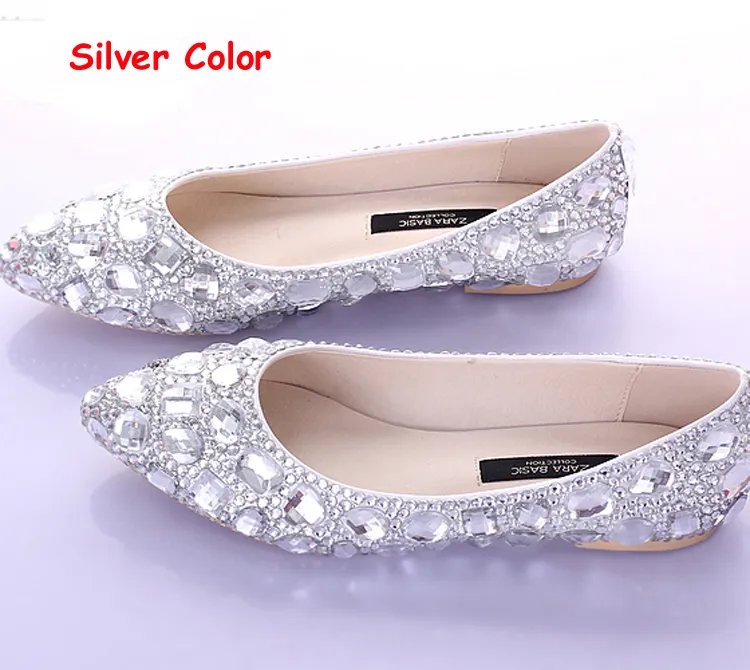 Tacco piatto Scarpe a punta AB Scarpe da sposa in cristallo Argento Ballerine Performance Show Scarpe eleganti da donna Scarpe da damigella d'onore281F