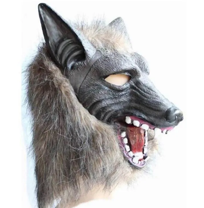 Scary Fur Latex Full Head Overhead Maschera di Lupo Creepy Halloween Cosplay Masquerade Fancy Dress Up Theatre Costume adulto Maschere puntelli grigio