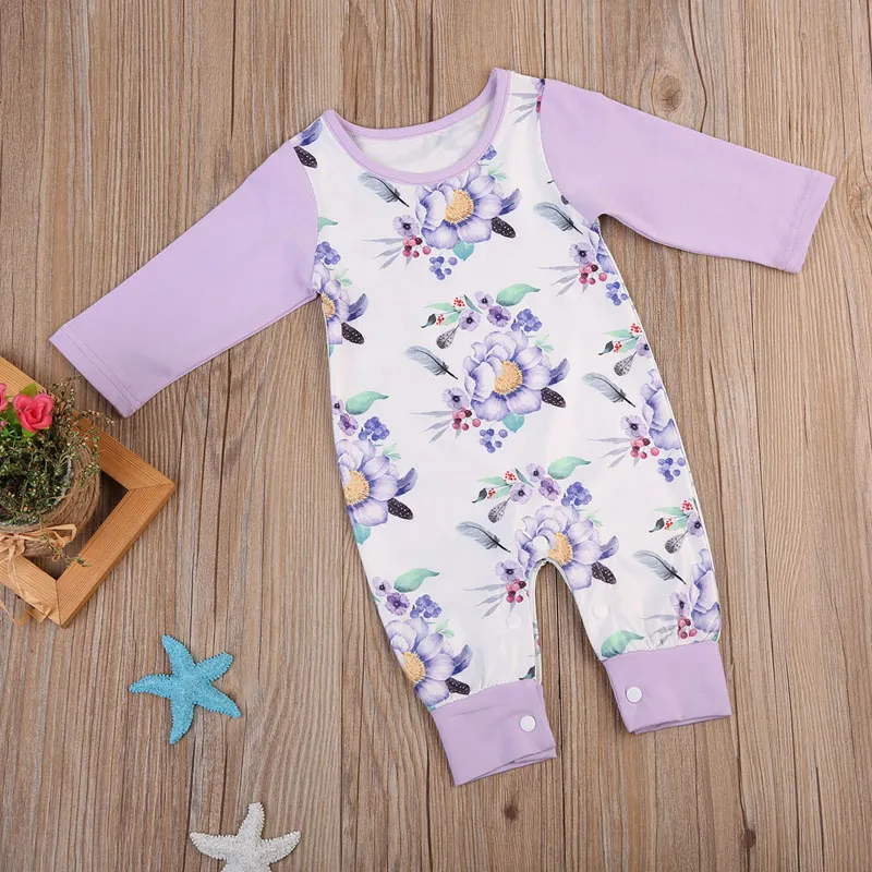 Lindo Bebê Recém-nascido Meninas Roupas Crianças Romper Roxo Estampa Floral Algodão Macacão Roupas de Bebê Roupa de Manga Longa Macacão de Bebê Primavera Outono