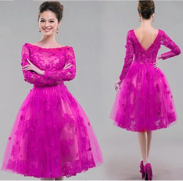 Vintage Lace Aplikacje Długie Rękawy Party Dresses Linia Bateau Neckline Illusion Długość Kolana Krótkie Tulle Prom Suknie Royal Purple Fuchsia