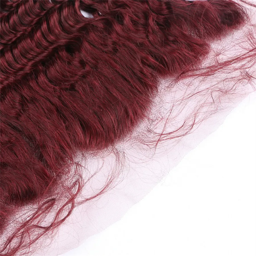 Djupvåg 99j Hårbuntar med spets frontlinstängning Brasilianska Virgin Burgundy Deep Curly Human Hair Weaves With Wine Red Lace Frontal