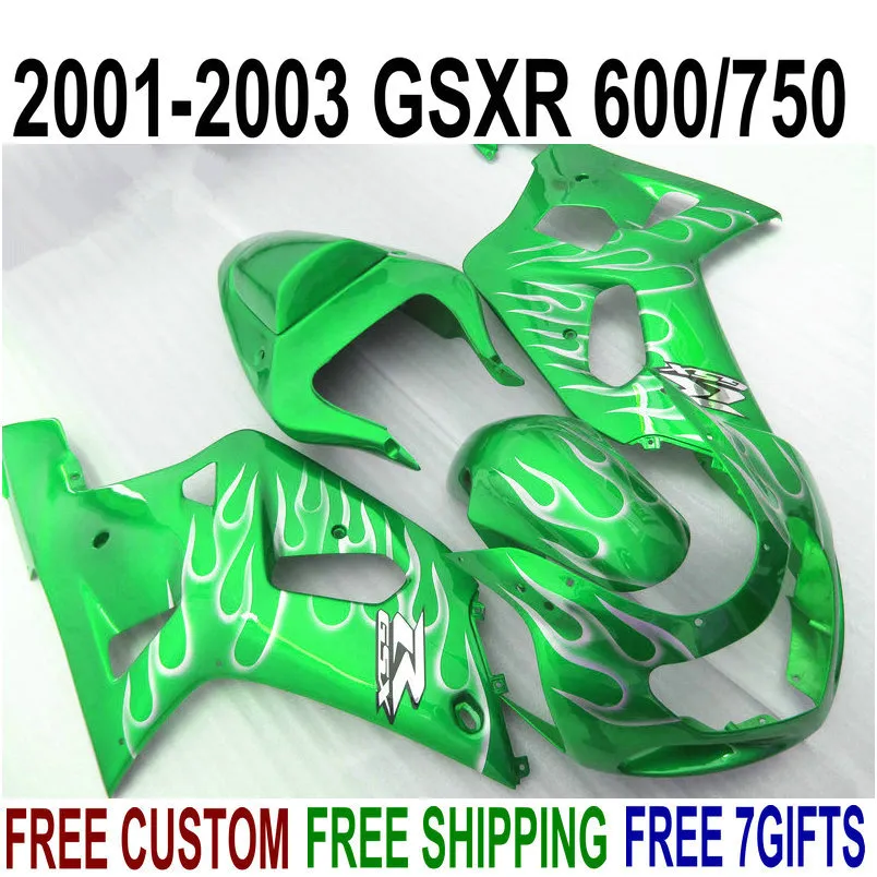 SUZUKI GSX-R600 용 ABS 오토바이 페어링 GSX-R750 2001-2003 녹색 페어링 키트 K1 흰색 화염 GSXR600 / 750 01 02 03 SK16