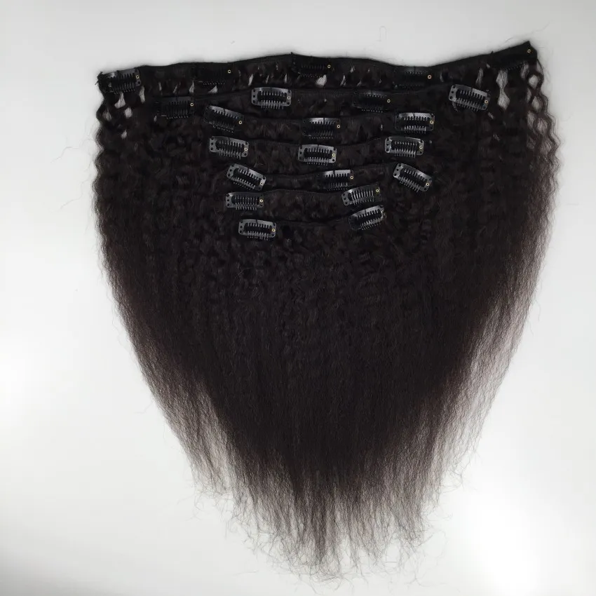 Clip dritta crespa europea non trasformata nelle estensioni dei capelli umani, clip nera 1B sui capelli Clip capelli a testa intera