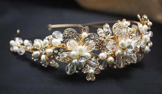 Fascia capelli in cristallo 2015 con pezzo di capelli in lega d'oro, perle, accessori da sposa, rametti ispirati al miele9700038