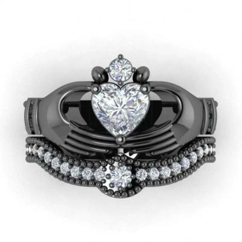 Victoria Wieck Claddagh Anillo Joyería de lujo 10KT WhiteBlack Gold Filled CZ Diamond Mujeres Boda Compromiso Anillo nupcial Set Regalo Tamaño 5-10