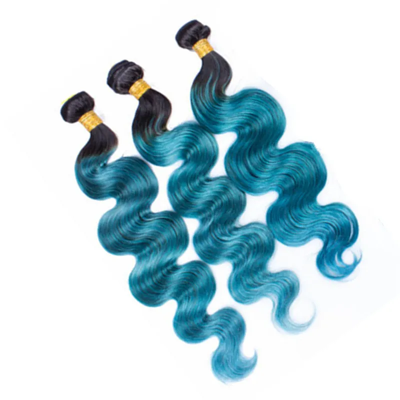 Two Tone 1B Blue Ombre Body Wave Hair Weaves with Top Closure Dark Roots Blue Ombre Free Part Lace Closure with Hair Bundles