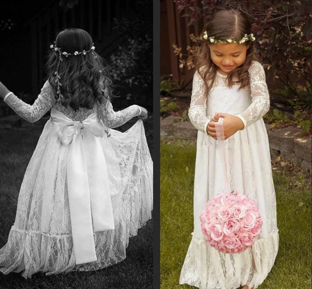 Långärmad blomma flicka klänningar ruffled spets handgjorda vintage formella klänningar prinsessa speciell gravid klänning