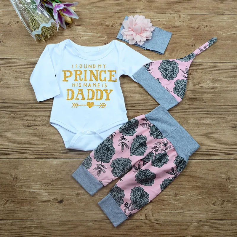 New Baby Girl Clothes Set Spring Autumn Letter Printed Baby Girl Romper + Floral Pants Headband Hat Newborn Kids Clothing Set