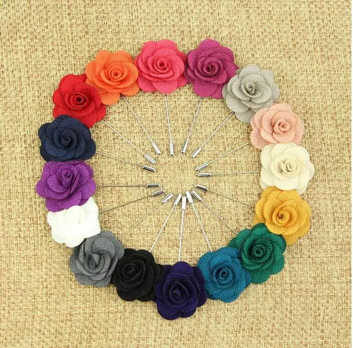 Lapel Flower Man Kvinna Camellia Handgjorda Boutonniere Stick Brosch Pin Mäns Tillbehör i 18 färger