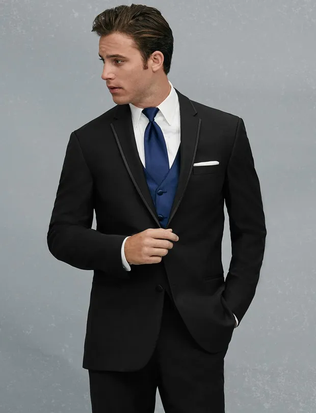 Tuxedos de marié noir à deux boutons sur mesure, costumes de bal de mariage pour hommes (veste + pantalon + gilet + cravate) H286