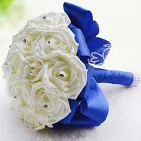 Elegant Rose Artificial Bridal Flowers Bride Bouquet Wedding Bouquet Crystal Royal Blue Silk Ribbon 2015 New Buque De Noiva