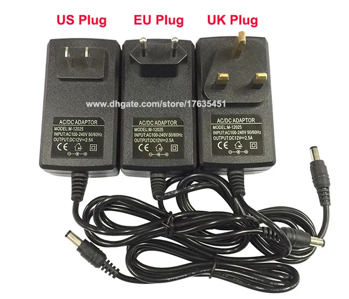 300 pièces AC DC 12V 2.5A adaptateur secteur chargeur alimentation 5.5mm x 2.5mm US/EU/UK Fedex livraison gratuite