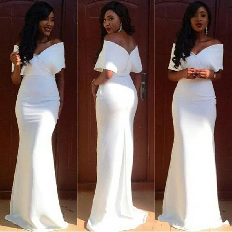 Plus Size White Off Shoulder Evening Gowns 2017 Sexy V Neck Mermaid Long Prom Dresses Zipper Backless Formal Party Dresses For Woman