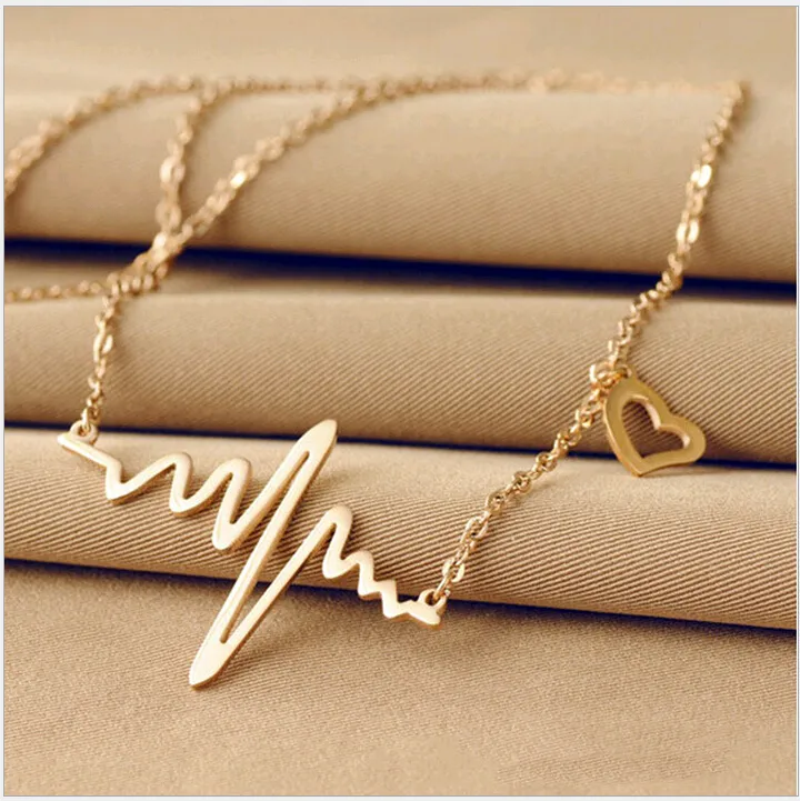 Collier à breloques ECG, électrocardiogramme, pendentifs en forme de cœur d'amour, battement de cœur, rythme cardiaque, plaque en or 18 carats, bijoux ECG pour femmes