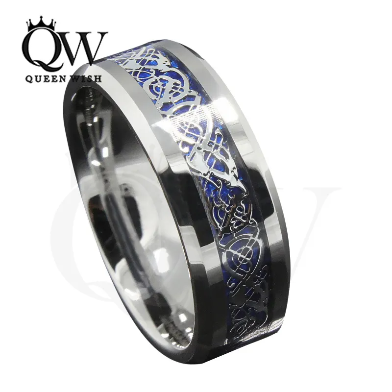 Anneaux celtiques pour hommes 6mm/8mm bandes de mariage en carbure de tungstène fond bleu incrustation de dragon celtique en argent avec fond bleu bijoux de mode