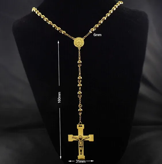 Collier chapelet bouddhiste en acier inoxydable plaqué or de haute qualité, chaîne de perles rondes Crucifix 28 4 5, cadeau fin Uni291B