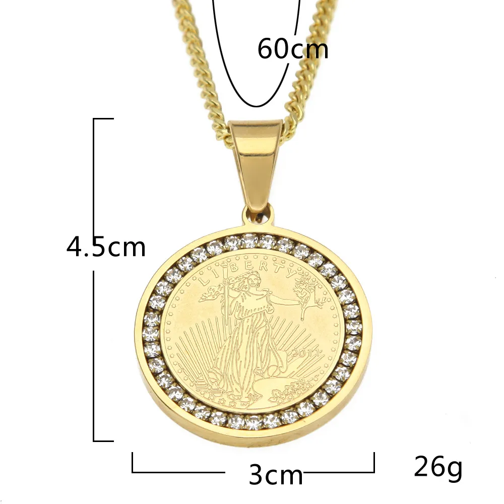 New Hiphop American Statue of Liberty Pendant Stainless Steel Round Tag Gold Color Fashion Necklace US Symbol Jewelry