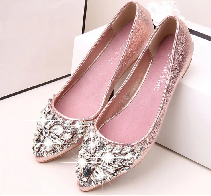 full size Stock 2016 pink champagne wedding shoes silver pointed toe beads crystals bridal shoes special shoes prom girls flats BO3073