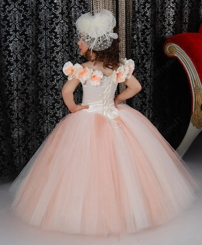 cinderella Flower Girl Dresses Bateau Handmade Flowers Ball Gowns Girls Pageant Gowns Lace Up Girls Birthday Princess Dresses For Kids