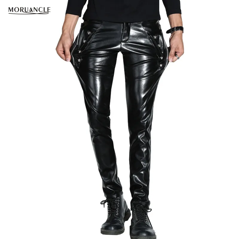 Partihandel- Moruancle Men Skinny Faux Pu Leather Pants Shiny Black Trouser Nightclub Stage Performance Singers Dancer Suede Joggers Stretchy