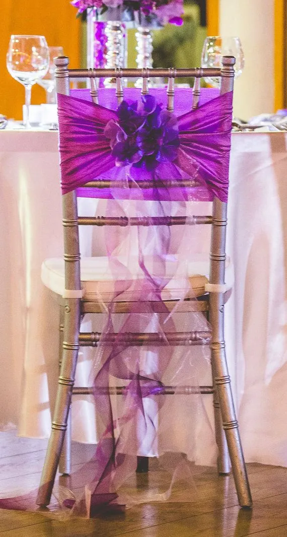 2015 fiori viola 3D volant nastro di chiffon fiocco perle di cristallo sedia telaio coprisedie decorazioni di nozze accessori da sposa