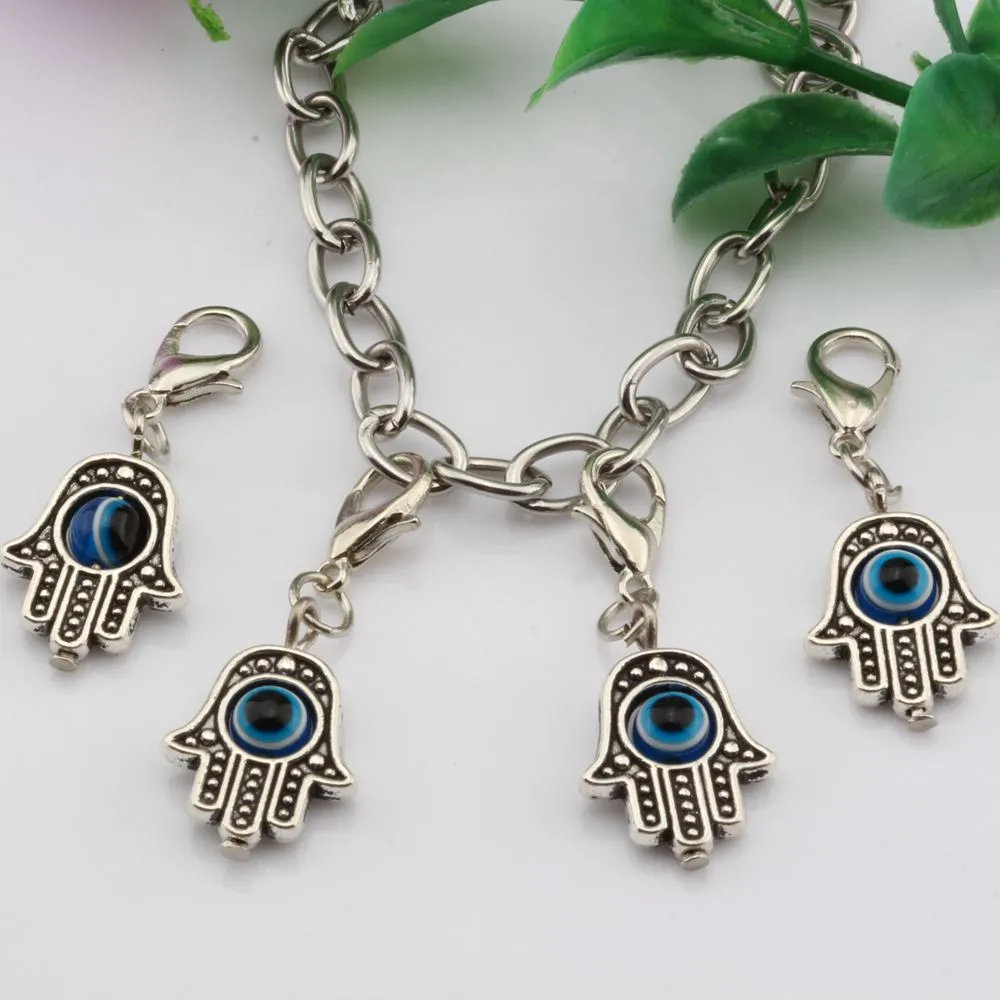 Heta! 100st Antik Silve Hamsa Hand Evil Eye Kabbalah Lycka Charms med Hummer Clasp Fit Charm Armband DIY Smycken 13x32.5mm