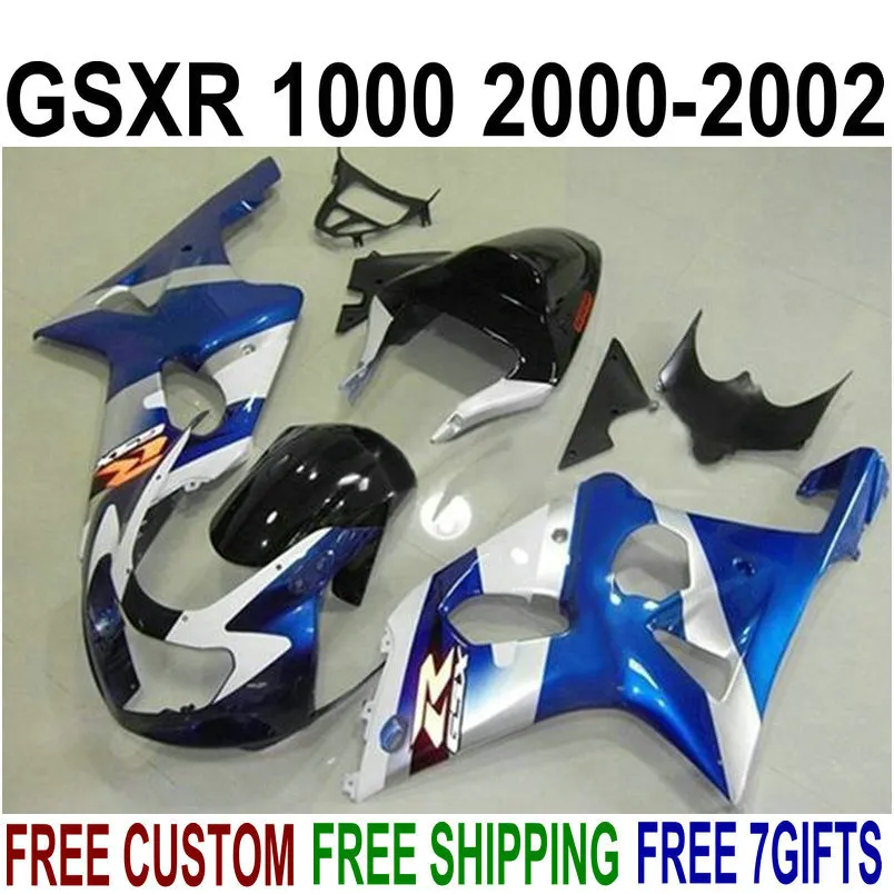 Perfetta vestibilità per SUZUKI GSXR1000 K2 2000 2001 2002 carenatura in plastica nera argento blu GSX-R1000 00 01 02 carenatura set HV45