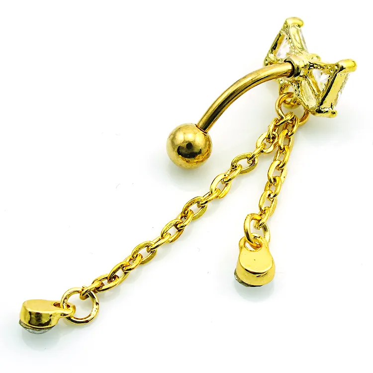 Body Belly Button Rings Gold Plated Stainless Steel Barbell Dangle Rhinestone Long Chain Navel Rings Piercing Jewelry296r