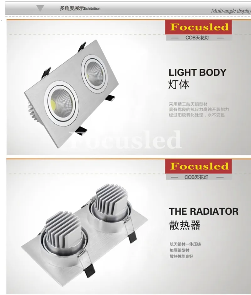 Square-Dimmable 2*9W 12W 15W 20W COB LED Downlights 18W 24W 30W 40W White/Silver Tiltable Fixture Recessed Ceiling Down Lights Lamps CE UL