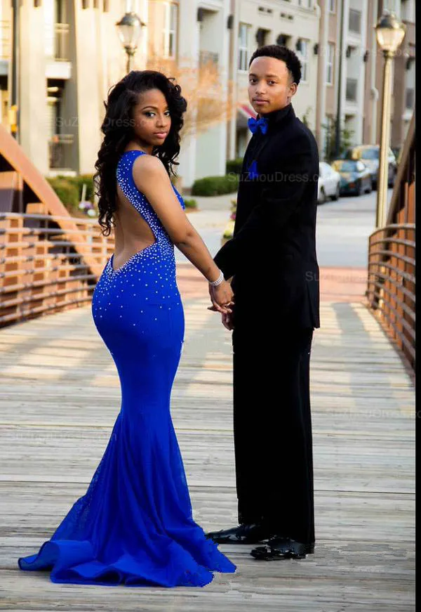 Sexy Blue Crystal Mermaid Evening Dresses Beaded Sweep Train Backless Prom Gowns Custom Made Party Dresses