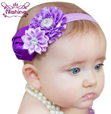 Nisheine New Satin Rose Flower Headband med lysande knapp Barnens hårtillbehör Huvudband Hårband Tillbehör 14 färger att välja