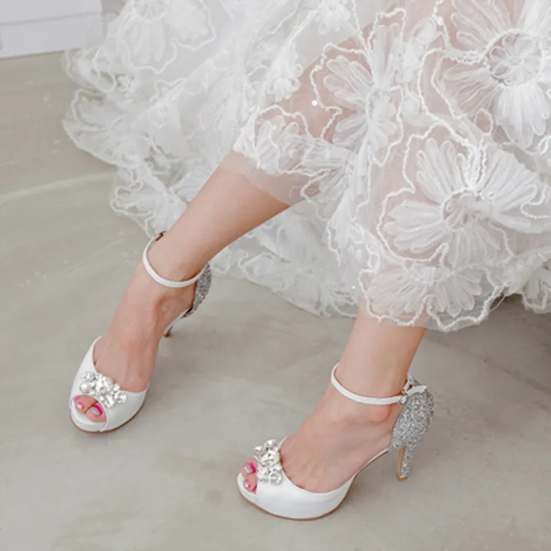 Genuine Leather Peep Toe White High Heels Buckle Strap Bridesmaid Shoes Silver Sequined Wedding Dress Shoes Fashion Party Pumps