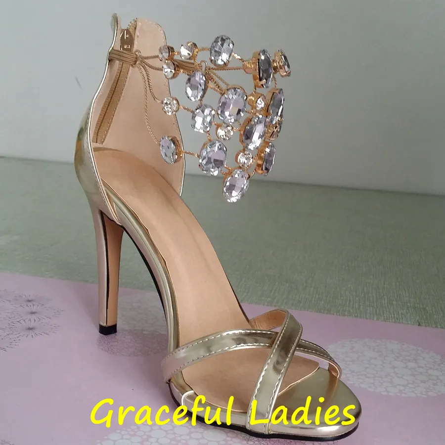 Scarpe da sposa con strass Sandalo Open Toe 2015 Décolleté da donna Cristalli Décolleté da donna su misura Cinturino avvolgente Tacchi alti da festa Argento oro disponibile